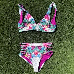 Isabella Rose Floral Bikini Set Ruffle Strap High Waist‎ Swimsuit L